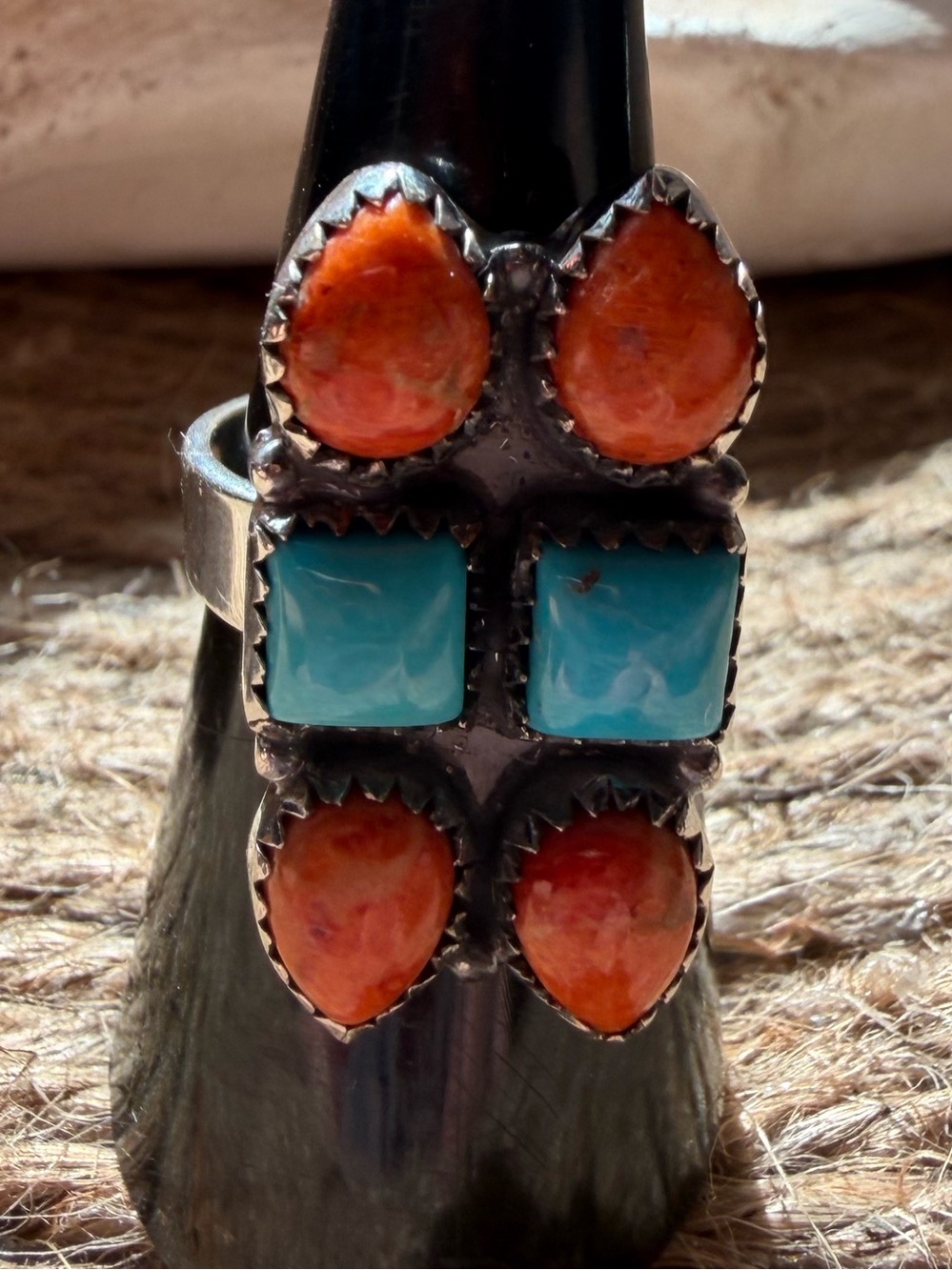 Handcrafted Orange Mojave  and Turquoise Multi-Stone Sterling Silver Ring
